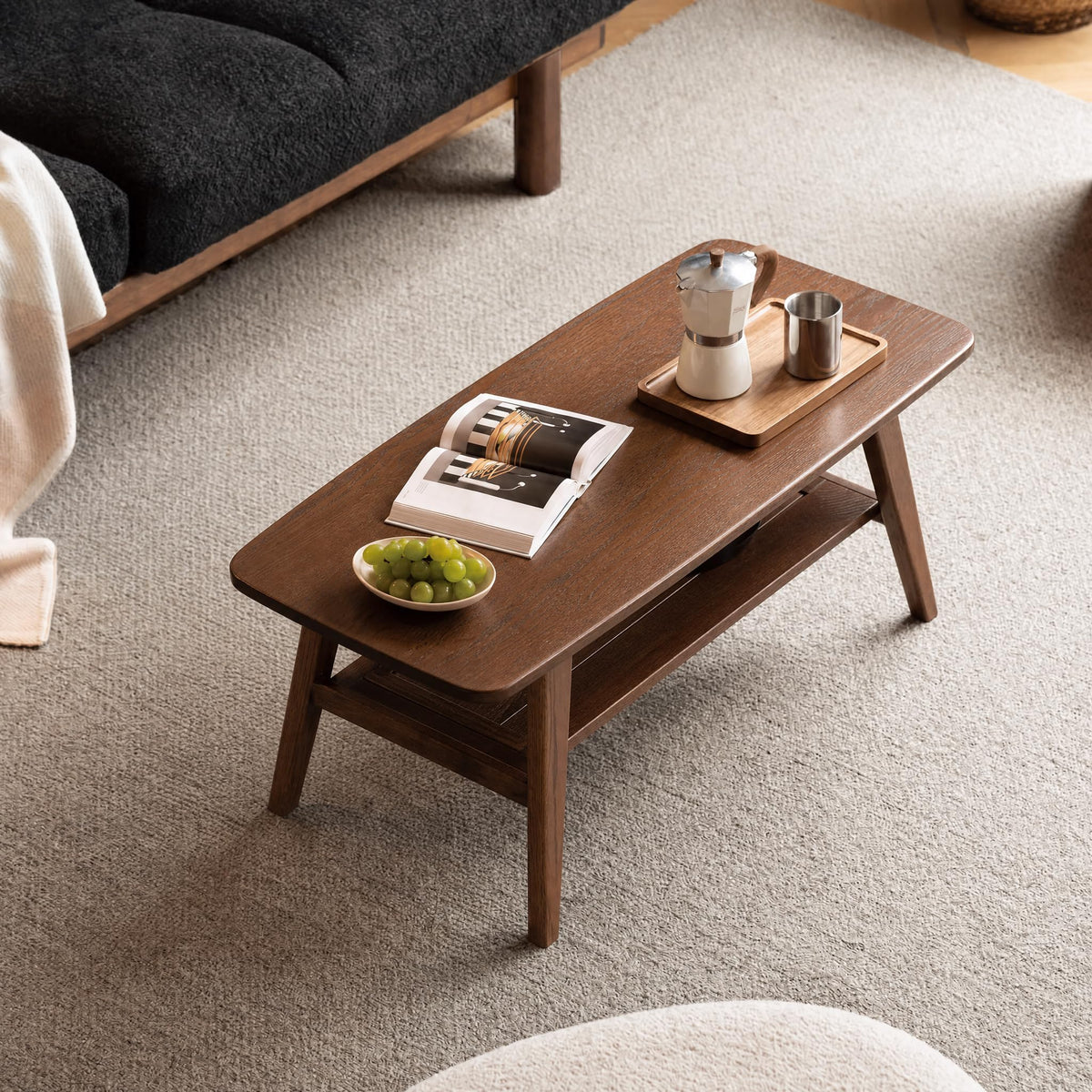 Solid Wood 2-Tier Coffee Table with Shelf Storage T870