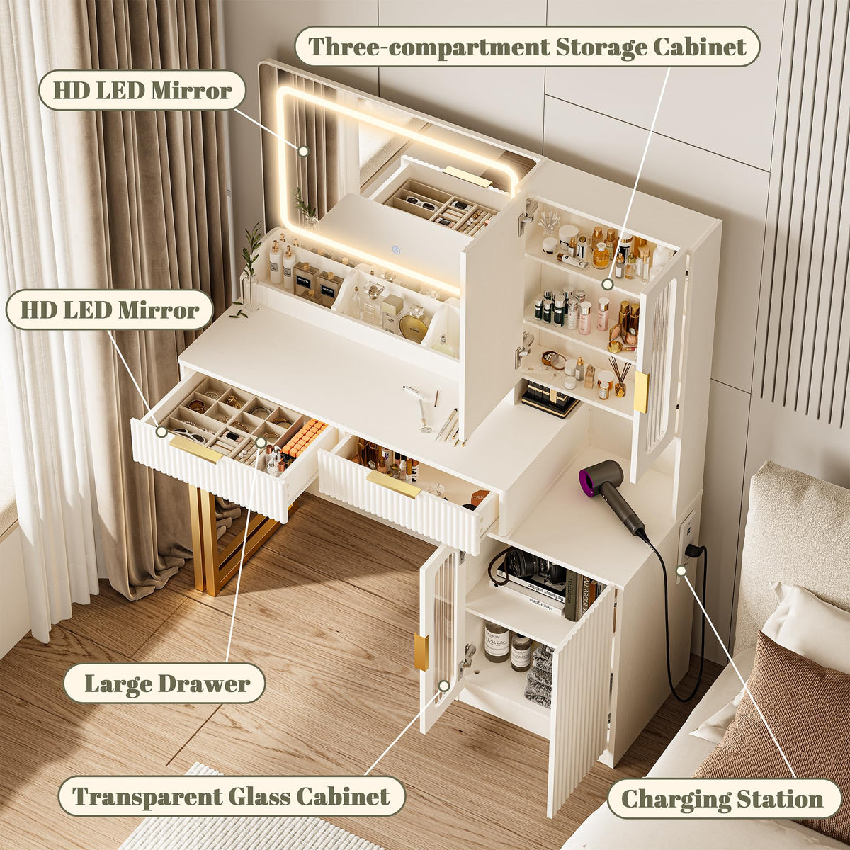 42" Makeup Vanity Desk with Mirror and Lights W575