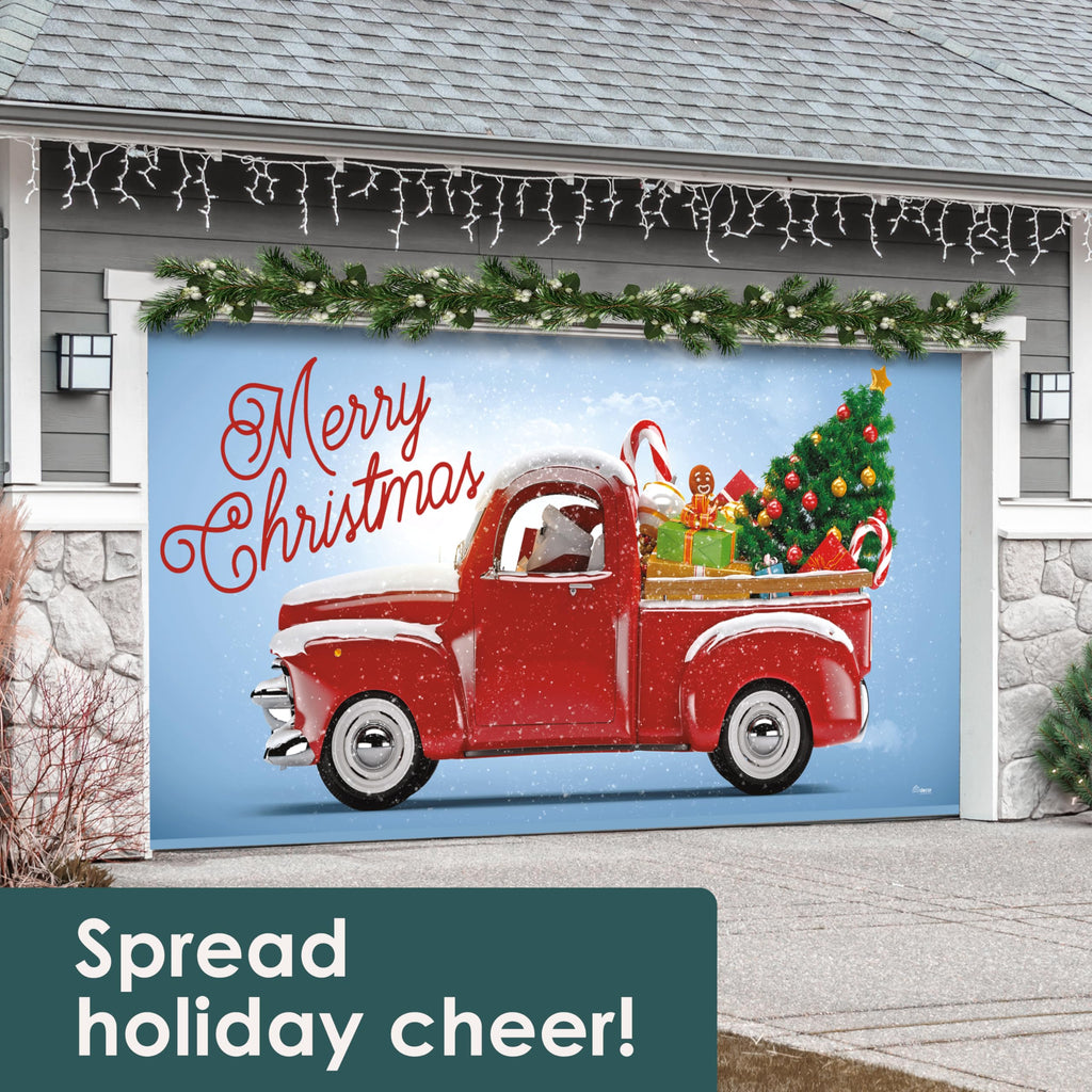 Red Truck Christmas Tree Double Garage Door Banner X814