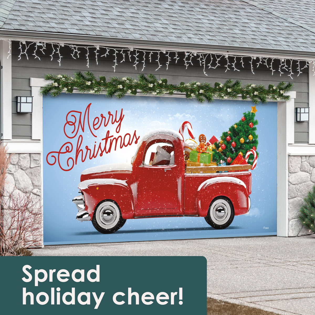 Red Truck Christmas Tree Double Garage Door Banner X814