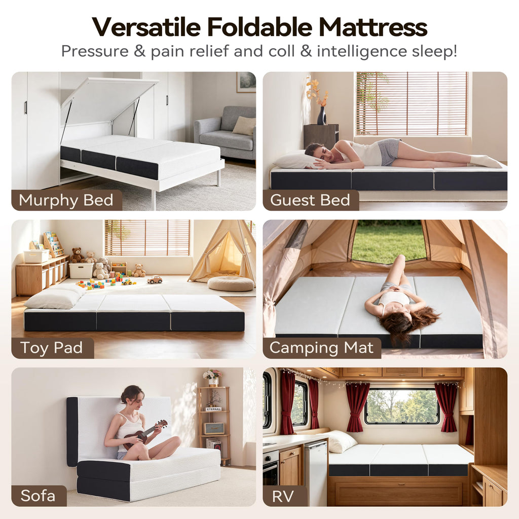 6 Inch Tri Fold Memory Foam Queen Mattress with Washable Cover Y482649