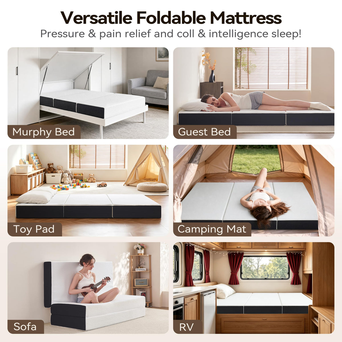 6 Inch Tri Fold Memory Foam Queen Mattress with Washable Cover Y482649